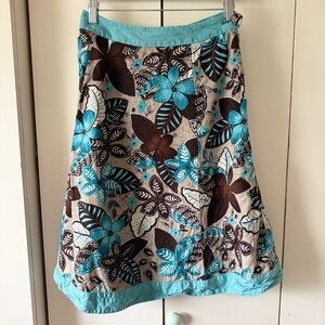 Vintage Van Heusen Turquoise Blue & Brown Floral A-Line Linen Blend Skirt